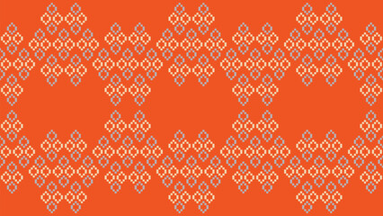 Traditional ethnic motifs ikat geometric fabric pattern cross stitch.Ikat embroidery Ethnic oriental Pixel orange background.Abstract,vector,illustration. Texture,scarf,decoration,wallpaper.