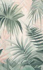 Fototapeta na wymiar Tropical wallpaper in delicate pastel powdery, monochrome colors. Palm leaves and bamboo. Jungle, and Jungalow Style, Generative AI