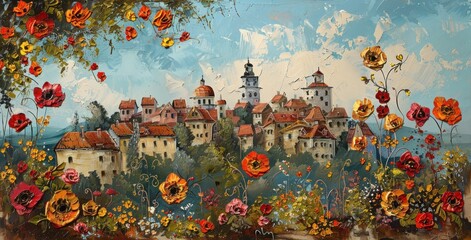 Obraz na płótnie Canvas an acrylic painting showing an old city