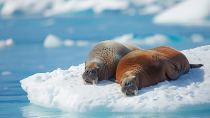 Naklejka premium Walruses lying on a melting ice floe, with a clear blue sky and distant icebergs in the Arctic region.