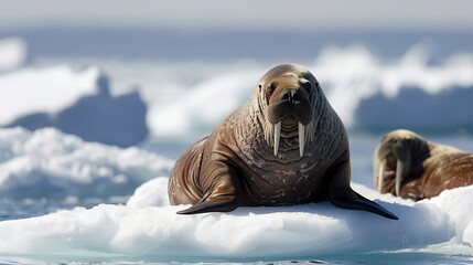 Walruses lying on a melting ice floe, with a clear blue sky and distant icebergs in the Arctic region.