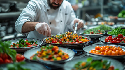 A close-up of a chef preparing a gourmet meal in a professional kitchen, with ingredients arranged neatly in the foreground