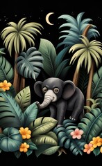 Tropical night vintage wild animals elephant, monkey, sloth, palm tree, liana, palm leaves floral seamless border black background. Exotic jungle, Generative AI