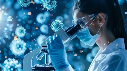 Dedicated female scientist conducting detailed analysis using a microscope in a modern virology laboratory.