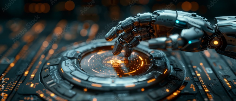 Poster businessman and robot's hands touch digital screen of ai icon, big data, science, innovation, cloud 