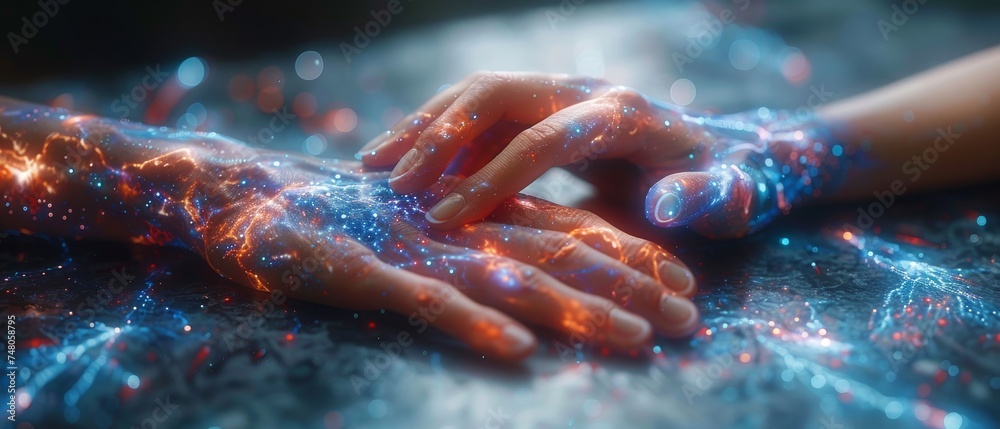 Aufkleber An introduction to artificial intelligence. Business woman hand touching a digital neural network. Cyberspace of tomorrow. Innovation and science in technology.