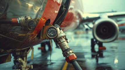 The process of refueling an aircraft on the tarmac, with the fuel hose connected and the meter gauge in view.