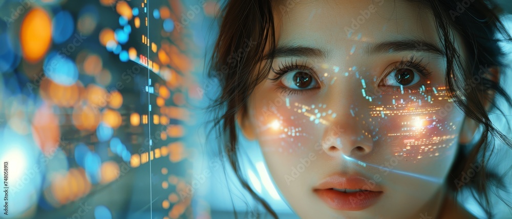 Aufkleber Digital entrepreneur with Asian heritage working on computer, projecting lines of code on her face and reflecting. Software developer developing innovative e-commerce apps using AI and big data.