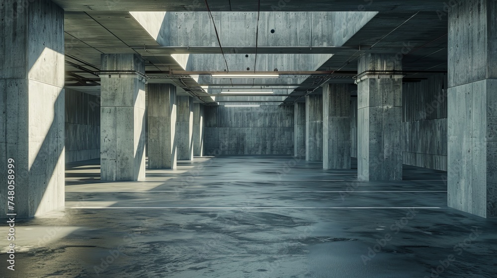 Poster An empty cement floor and a futuristic concrete architecture are rendered in 3D.