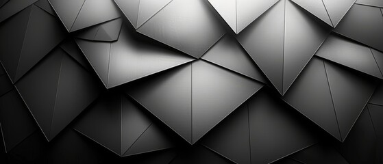 Abstract black white background. Geometric shape. Lines, triangles. 3D effect. Light, glow, shadow. Gradient. Dark grey, silver. Modern, futuristic.