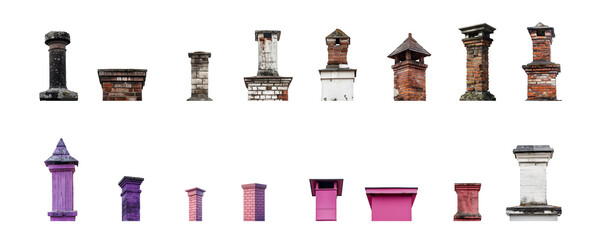 Set of chimneys in various formats, colors, models and textures. Old and worn. New and modern. Collection of chimney. Transparent background PNG. Colors in black, red, purple, pink and white. 