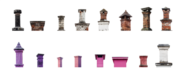 Set of chimneys in various formats, colors, models and textures. Old and worn. New and modern. Collection of chimney. Transparent background PNG. Colors in black, red, purple, pink and white. 