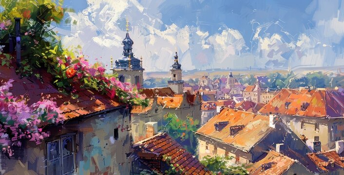 painting of old buildings with flowers and rooftops
