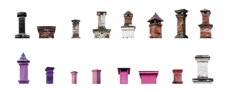 Set of chimneys in various formats, colors, models and textures. Old and worn. New and modern. Collection of chimney. Transparent background PNG. Colors in black, red, purple, pink and white.
