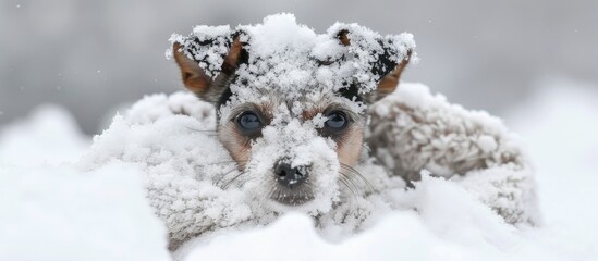 A dog stands covered in snow in a winter landscape, surrounded by white snowflakes and cold temperatures. The dogs fur is dusted with white snow, creating a stark contrast against the snowy background