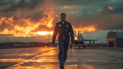 A military pilot in uniform confidently walks on the runway towards a fighter jet at sunset. - obrazy, fototapety, plakaty