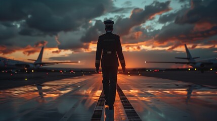 Back view of a pilot walking on the runway at twilight with airplanes and runway lights in the background.