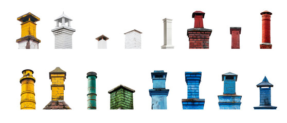 Set of chimneys in various formats, colors, models and textures. Old and worn. New and modern. Collection of chimney. Transparent background PNG. Colors in yellow, white, red, green and blue. 