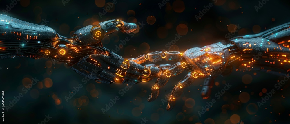 Poster Robot hand and businessman touch digital screen of AI icon, big data, science, innovation, cloud computing, futuristic, communication over internet network
