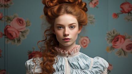 Victorian style portrait of a woman with red hair against a floral wallpaper background.