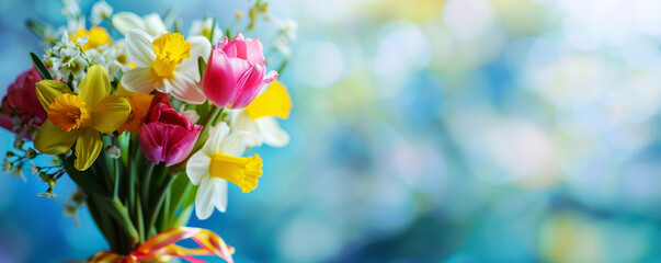 spring flowers tulips and daffodils bouquet - obrazy, fototapety, plakaty