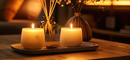 two candles and an aroma diffuser on a tray - 748059377
