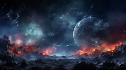 Lunar Vigil: The Orb of Night Over Red Nebula - obrazy, fototapety, plakaty