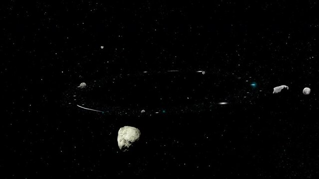 A ring of stars with flying asteroids rotates in space against the background of the starry sky. 4K slow motion 3D loop animation.