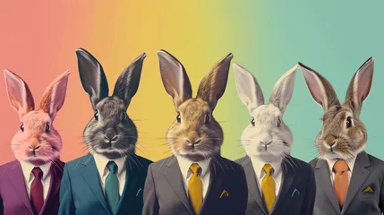 Fotobehang Funny Rabbits or Bunny in Suits and Tie on Color. © yasir