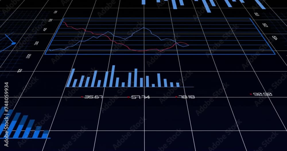 Poster animation of financial data processing over grid on dark background