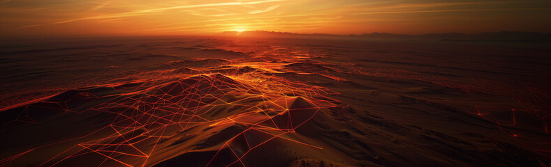 Surreal desert dunes at sunset, overlaid with a glowing red digital mesh, symbolizing tech-infused nature.