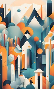 Contemporary flat modern illustration with geometric abstraction. Design for wallpaper, wall decor, print, photo wallpaper, mural, Generative AI