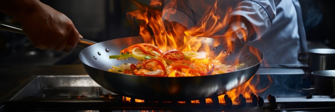 Professional chef cooks dish in kitchen, sizzling flames create dramatic close-up scene