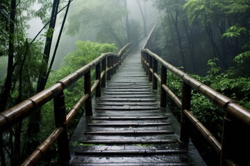 Magnificent scenic path meandering amidst a serene bamboo forest in enchanting rainy weather