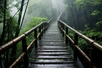 Fotobehang Magnificent scenic path meandering amidst a serene bamboo forest in enchanting rainy weather © firax