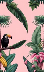 Tropical vintage botanical landscape, palm tree, banana tree, plant, monkey, toucan, black parrot floral seamless border pink background. Exotic jungle animal, Generative AI