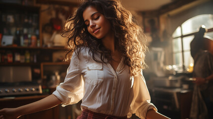 Attractive brunette dancing in the kitchen, enjoying music with flying hair