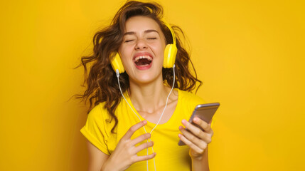 A joyful young woman with closed eyes sings while listening to music on her smartphone with...