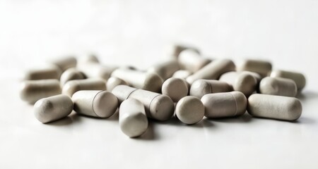 Fototapeta na wymiar A collection of white pills on a white surface