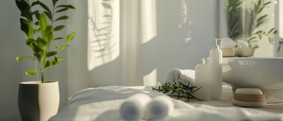 Serene bathroom setting with sunlight casting shadows on a pampering kit.