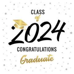 Graduating class of 2024 calligraphy greeting card. Class of 2024 congratulations graduation with golden square academic cap. Vector illustration