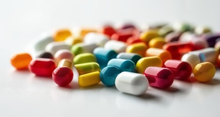  Vibrant assortment of colorful pills on a white surface