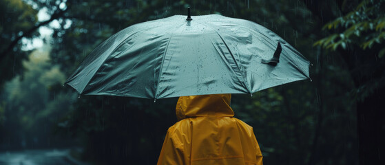 A person in a yellow raincoat stands with an umbrella amidst a serene, rain-drenched forest.