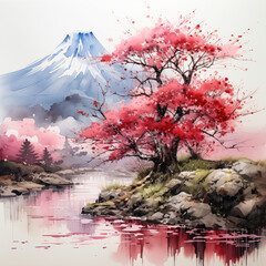 Japanese style watercolor landscape painting