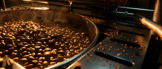 Freshly roasted coffee beans emanating steam in a roasting machine. - obrazy, fototapety, plakaty