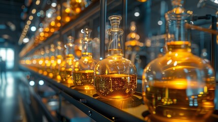 A series of round-bottom flasks containing a golden-hued chemical solution on shelves in a modern laboratory.