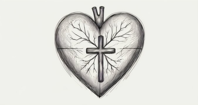  Symbolic heart with cross and roots, black and white illustration