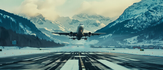 Airplane taking off from a snowy runway against a majestic mountain backdrop.