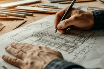 Architect meticulously drafting detailed blueprints, surrounded by drawing tools, showcasing precision and design expertise in a well-lit workspace.