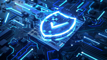 vibrant digital shield symbol on a circuit board, illustrating the concept of cybersecurity and data protection. - obrazy, fototapety, plakaty